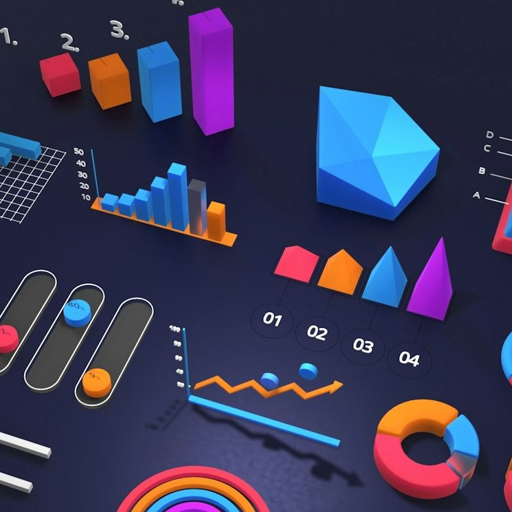 Bunte 3D-Diagramme und Grafiken auf dunklem Hintergrund.
