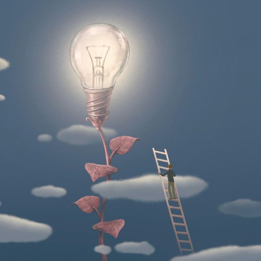 Eine Leuchtbirne, die an einer Pflanze im Himmel hängt, mit einer Leiter darunter.