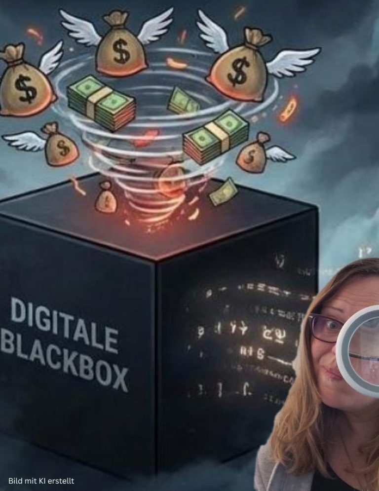 Grafik zeigt einen Tornado aus Geldscheinen und Münzen, um eine schwarze Box mit "Digitale Blackbox".