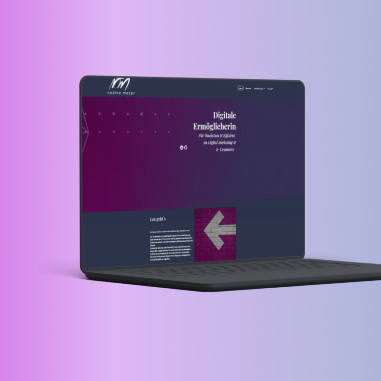 Laptopt-Display mit Website-Design in lila und grau, zeigt Navigationsanweisungen.