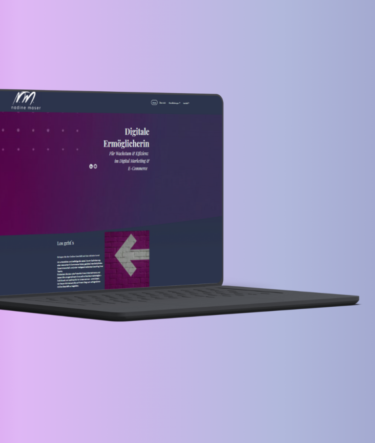 Laptop-Display mit violettem Hintergrund und hybrider Software-Präsentation.